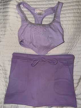 New Pink Lavender Rhinestone Racerback Crop Top & Drawstring Skirt Set